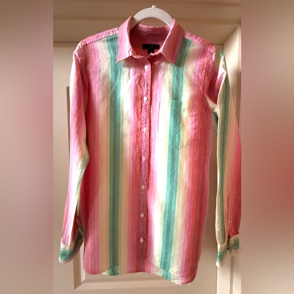 Striped Sz 6 Linen/Cotton Rainbow Button Up Shirt Pink Green Business Casual EUC